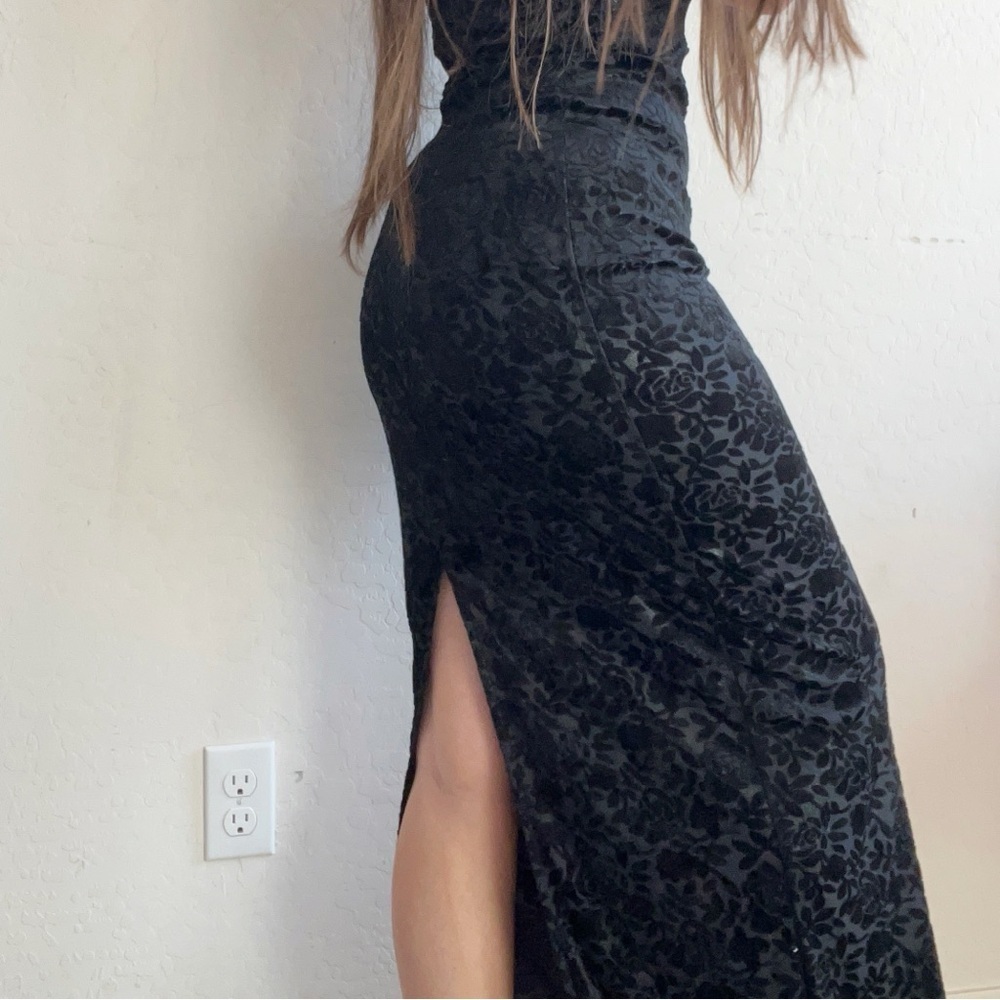 Vintage 90s Roberta Black Velvet Burnout Silver Maxi Sheath Dress - Picture 3 of 12